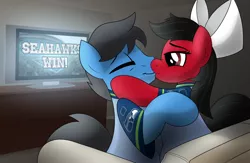 Size: 1024x668 | Tagged: american football, artist:drawponies, derpibooru import, female, kissing, male, nfl, oc, safe, seattle seahawks, straight, super bowl, super bowl xlviii, unofficial characters only