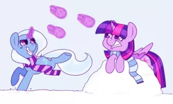 Size: 1250x757 | Tagged: safe, artist:ponycide, derpibooru import, trixie, twilight sparkle, twilight sparkle (alicorn), alicorn, pony, clothes, female, grin, lesbian, magic, mare, scarf, shipping, snow, snowball, snowball fight, twixie