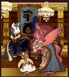 Size: 1079x1200 | Tagged: alternate hairstyle, artist:saint-juniper, chair, chandelier, cloak, clothes, derpibooru import, dress, fanfic, fanfic:myths and birthrights, female, filly, interior, jewelry, oc, oc:tyr, painting, princess cadance, princess luna, royal family, royalty, safe, shining armor, tiara