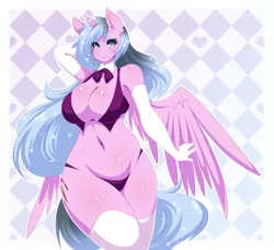 Size: 1100x1003 | Tagged: suggestive, artist:re-sublimity-kun, derpibooru import, oc, oc:artshine, unofficial characters only, alicorn, anthro, alicorn oc, anthro oc, belly button, big breasts, bowtie, breasts, clothes, evening gloves, female, huge breasts, panties, skimpy, solo, underwear, wide hips