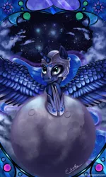 Size: 1050x1750 | Tagged: safe, artist:esuka, derpibooru import, princess luna, helmet, moon, solo, space, spread wings, tangible heavenly object