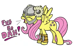 Size: 900x586 | Tagged: armor, artist:plaidsandstripes, crossover, derpibooru import, dovahshy, eyes closed, fluttershy, fus-ro-dah, helmet, open mouth, safe, simple background, skyrim, solo, spread wings, the elder scrolls, white background, yelling