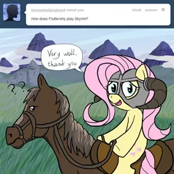 Size: 650x650 | Tagged: artist:flavinbagel, ask, ask gamer ponies, crossover, derpibooru import, dovahshy, fluttershy, horse, horse-pony interaction, mathematician's answer, ponies riding horses, safe, skyrim, the elder scrolls, tumblr