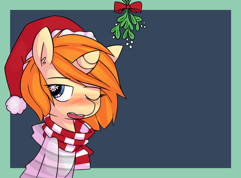 Size: 1262x933 | Tagged: dead source, safe, artist:whoop, derpibooru import, oc, oc:whoop, unofficial characters only, blushing, femboy, hat, male, mistletoe, santa hat, snow, snowflake, solo, wingding eyes, wink