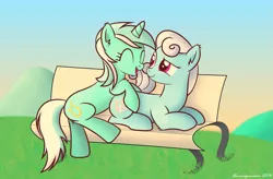 Size: 1379x903 | Tagged: artist:bluemeganium, bench, cuddling, cute, derpibooru import, duo, fluffy, laughing, linky, lyra heartstrings, safe, shoeshine, sitting, sitting lyra, smiling, snuggling