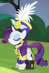 Size: 371x551 | Tagged: safe, derpibooru import, screencap, rarity, pony, unicorn, testing testing 1-2-3, ancient wonderbolts uniform, boots, clothes, costume, female, hat, mare, sgt. rarity, shako, shoes, solo, uniform, wonderbolts uniform