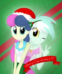 Size: 799x960 | Tagged: safe, artist:frostsentry150, derpibooru import, bon bon, lyra heartstrings, sweetie drops, equestria girls, christmas, hat, holly, santa hat