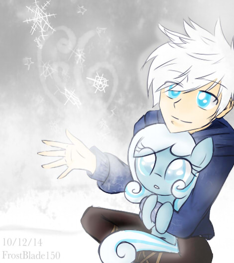 Size: 470x528 | Tagged: safe, artist:frostsentry150, derpibooru import, oc, oc:snowdrop, human, pony, crossover, cute, holding a pony, jack frost, rise of the guardians, snowbetes