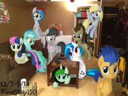 Size: 960x720 | Tagged: safe, artist:frostsentry150, derpibooru import, bon bon, derpy hooves, doctor whooves, flash sentry, lyra heartstrings, octavia melody, sweetie drops, time turner, vinyl scratch, oc, oc:jadeite, oc:twister, pegasus, pony, background pony, background six, female, irl, mare, photo, ponies in real life, sitting lyra