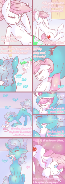 Size: 707x2010 | Tagged: questionable, artist:mimie, derpibooru import, nurse redheart, screw loose, earth pony, pony, comic, commission, female, fetish, imminent vore, internal, macro, mare, micro, vore