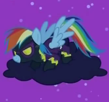 Size: 221x207 | Tagged: safe, derpibooru import, screencap, rainbow dash, pegasus, pony, luna eclipsed, clothes, cloud, cosplay, costume, female, hooves, mare, night, nightmare night, on a cloud, shadowbolt dash, shadowbolts, shadowbolts costume, solo, spread wings, uniform, wings