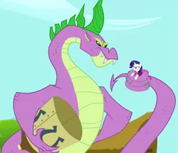 Size: 827x716 | Tagged: adult spike, coils, derpibooru import, holding, older, rarity, safe, screencap, secret of my excess, spike, spikezilla, water tower