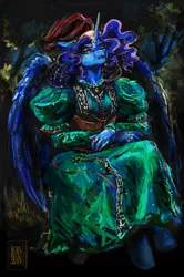 Size: 2419x3650 | Tagged: alicorn, alicornified, anthro, artist:arainmorn, clothes, colored pencil drawing, derpibooru import, dress, elegant, gem, gouache, mixed media, older, painting, princess luna, race swap, raricorn, rarity, safe, solo, traditional art