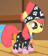 Size: 188x215 | Tagged: alternate hairstyle, apple bloom, clothes, costume, derpibooru import, rocker, safe, screencap, show stopper outfits, solo, the show stoppers