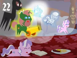 Size: 1024x768 | Tagged: safe, artist:bronybyexception, derpibooru import, diamond tiara, silver spoon, oc, oc:snowdrop, ponified, ghost, pony, a christmas carol, advent calendar, cannon, chains, dream, jacob marley, mystery box of plot importance, nightmare, pointy ponies, the ghost of christmas past, the ghost of christmas present, the ghost of christmas yet to come