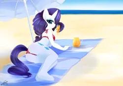 Size: 1024x718 | Tagged: anthro, artist:chokico, barefoot, beach, bikini, breasts, clothes, derpibooru import, feet, plantigrade anthro, rarity, solo, suggestive, swimsuit