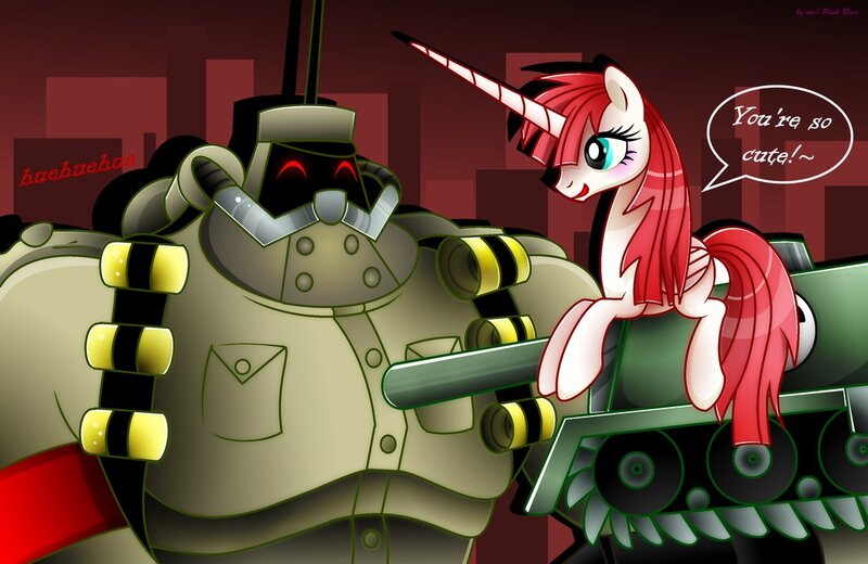 Size: 1109x721 | Tagged: safe, artist:pinkrose2001, derpibooru import, oc, oc:fausticorn, alicorn, pony, crossover, panzerfaust, skullgirls, tank (vehicle)