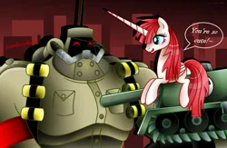 Size: 1109x721 | Tagged: safe, artist:pinkrose2001, derpibooru import, oc, oc:fausticorn, alicorn, pony, crossover, panzerfaust, skullgirls, tank (vehicle)