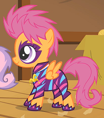 Size: 207x234 | Tagged: alternate hairstyle, clothes, costume, derpibooru import, rocker, safe, scootaloo, screencap, show stopper outfits, sweetie belle, the show stoppers