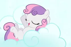 Size: 468x312 | Tagged: safe, derpibooru import, screencap, sweetie belle, earth pony, pony, stare master, cloud, cropped, eyes closed, female, filly, foal, hooves, lying down, lying on a cloud, missing horn, on a cloud, on back, open mouth, solo