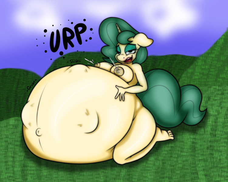 Size: 1280x1023 | Tagged: anthro, artist:stunnerpone, artist:zorn32, belly, big belly, breasts, burp, derpibooru import, female, fetish, impossibly large belly, lactation, multiple prey, nipples, nudity, oc, oc:celery, questionable, solo, solo female, stomach noise, unofficial characters only, vore