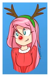 Size: 2812x4286 | Tagged: artist:dahhez, christmas, clothes, derpibooru import, eye clipping through hair, fluttershy, glow, human, humanized, red nose, reindeer, reindeer antlers, rudolph the red nosed reindeer, safe, smiling, solo, sweater, sweatershy