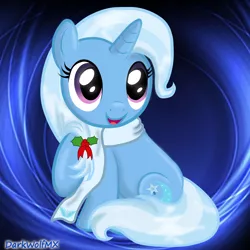 Size: 2000x2000 | Tagged: safe, artist:darkwolfmx, derpibooru import, trixie, pony, unicorn, abstract background, clothes, cute, diatrixes, female, happy, holly, looking at you, mare, open mouth, raised hoof, scarf, sitting, smiling, solo