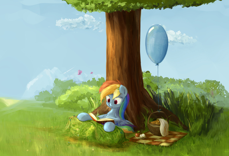 Size: 2794x1903 | Tagged: safe, artist:scootiebloom, derpibooru import, rainbow dash, butterfly, pegasus, pony, :o, apple, balloon, basket, book, cloud, cute, dashabetes, female, flower in hair, food, grass, mare, open mouth, picnic, picnic basket, picnic blanket, reading, reading rainboom, scenery, sitting, solo, spread wings, tree, under the tree, wings