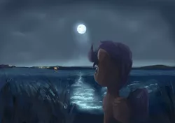 Size: 1920x1350 | Tagged: artist:scootiebloom, derpibooru import, lake, moon, moonlight, night, safe, scenery, scenery porn, scootaloo, solo