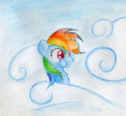 Size: 1298x1200 | Tagged: safe, artist:scootiebloom, derpibooru import, rainbow dash, cloud, cloudy, solo, traditional art