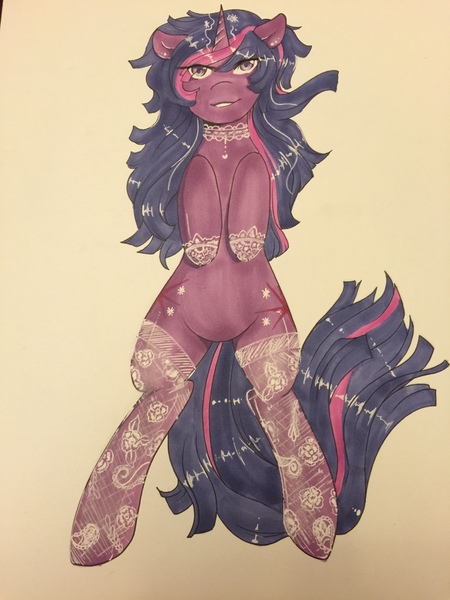 Size: 960x1280 | Tagged: suggestive, artist:azure-doodle, derpibooru import, twilight sparkle, pony, unicorn, both cutie marks, clothes, collar, female, lace, looking at you, mare, markers, solo, solo female, stockings, traditional art