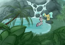 Size: 1920x1350 | Tagged: artist:scootiebloom, derpibooru import, forest, jungle, pond, safe, scenery, sunshower raindrops, waterfall, zebra