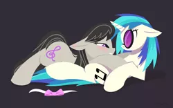 Size: 1280x800 | Tagged: safe, artist:hoverrover, derpibooru import, octavia melody, vinyl scratch, earth pony, pony, unicorn, bedroom eyes, blushing, bowtie, clothes on floor, cuddling, cutie mark, ear blush, eye contact, female, floppy ears, grin, hooves, horn, lesbian, lineless, looking at each other, lying down, male, mare, on back, scratchtavia, shipping, simple background, smiling, snuggling, sunglasses, teeth, wide eyes