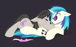 Size: 1280x800 | Tagged: suggestive, artist:hoverrover, derpibooru import, octavia melody, vinyl scratch, earth pony, pony, unicorn, bedroom eyes, blushing, bowtie, cuddling, cutie mark, ear blush, eye contact, female, floppy ears, grin, half r63 shipping, hooves, horn, lineless, male, mare, on back, record scrape, rule 63, scrapetavia, scratchtavia, shipping, simple background, smiling, snuggling, stallion, straight, sunglasses, teeth, wide eyes