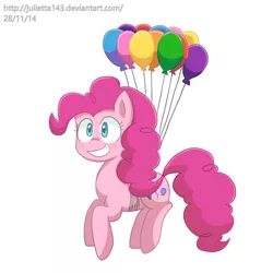 Size: 1000x1000 | Tagged: dead source, safe, artist:jayivee, derpibooru import, pinkie pie, earth pony, pony, balloon, cute, diapinkes, female, mare, simple background, smiling, solo, then watch her balloons lift her up to the sky, white background