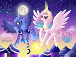 Size: 1000x750 | Tagged: artist:anna-krylova, derpibooru import, flying, magic, moon, princess celestia, princess luna, s1 luna, safe, sun