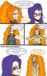 Size: 720x1158 | Tagged: safe, artist:miracle32, derpibooru import, adagio dazzle, rarity, equestria girls, rainbow rocks, breast envy, breasts, clothes, comic, delicious flat chest, engrish, flatdagio dazzle, glasses, implied raritits, keyhole turtleneck, open-chest sweater, sweater, turtleneck