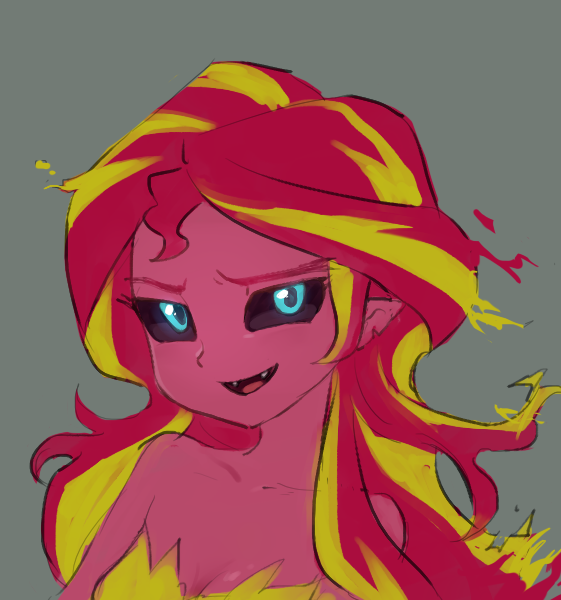 Size: 561x600 | Tagged: dead source, safe, artist:baekgup, derpibooru import, sunset shimmer, equestria girls, alternate hairstyle, bare shoulder portrait, bare shoulders, bedroom eyes, bust, looking at you, portrait, sleeveless, solo, strapless, sunset satan