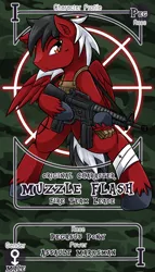 Size: 800x1399 | Tagged: safe, artist:vavacung, derpibooru import, oc, unofficial characters only, pegasus, pony, bandage, bipedal, commission, frown, gun, hoof hold, kevlar, male, pactio card, ponies with guns, rifle, solo, stallion, weapon