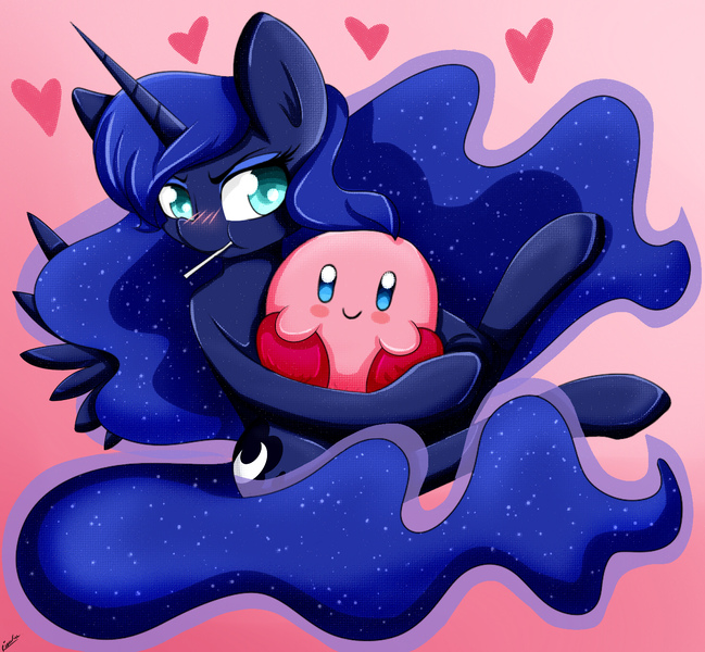 Size: 1470x1358 | Tagged: safe, artist:riouku, derpibooru import, princess luna, pony, blushing, crossover, female, heart, kirby, kirby (character), kirby luna, mare, snuggling