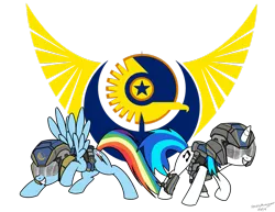 Size: 1017x786 | Tagged: safe, artist:spazzymcnugget, derpibooru import, rainbow dash, vinyl scratch, pegasus, pony, unicorn, armor, crossover, cutie mark, female, hooves, horn, logo, mare, new conglomerate, planetside 2, simple background, smiling, spread wings, teeth, transparent background, vector, video game, wings