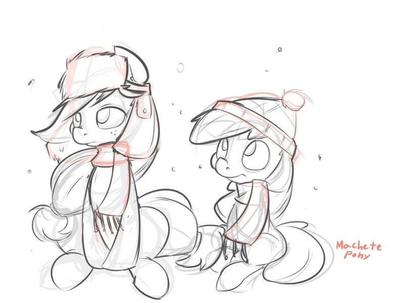 Size: 1280x960 | Tagged: safe, artist:macheteponies, derpibooru import, apple bloom, applejack, clothes, duo, hat, scarf, sketch, ushanka, winter