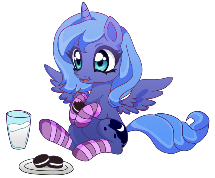 Size: 1665x1377 | Tagged: safe, artist:lunaltaria, derpibooru import, princess luna, clothes, cookie, filly, milk, sitting, socks, solo, spread wings, striped socks, woona