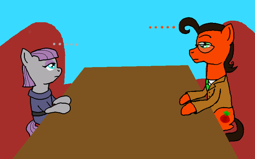 Size: 500x313 | Tagged: artist:crazynutbob, awkward silence, business suit, date, derpibooru import, maud pie, oc, oc:tomato sandwich, safe, stare