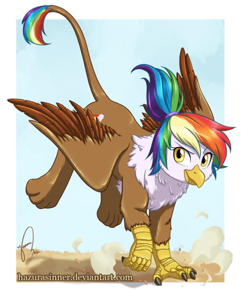 Size: 751x916 | Tagged: safe, artist:hazurasinner, derpibooru import, oc, oc:rainbow feather, unofficial characters only, gryphon, hippogriff, cutie mark, dust, interspecies offspring, landing, magical lesbian spawn, offspring, parent:gilda, parent:rainbow dash, parents:gildash, solo