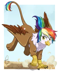 Size: 751x916 | Tagged: safe, artist:hazurasinner, derpibooru import, oc, oc:rainbow feather, unofficial characters only, gryphon, hippogriff, cutie mark, dust, interspecies offspring, landing, magical lesbian spawn, offspring, parent:gilda, parent:rainbow dash, parents:gildash, solo
