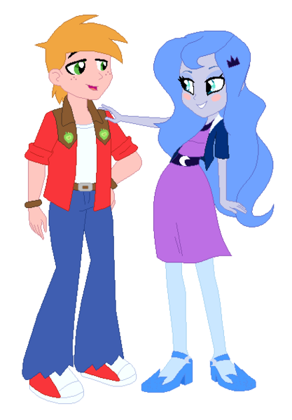 Size: 438x630 | Tagged: safe, artist:unoriginai, derpibooru import, big macintosh, princess luna, equestria girls, alternate design, blushing, cute, female, lunamac, male, shipping, simple background, straight, vice principal luna, woona, younger