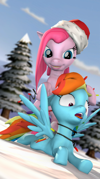 Size: 1080x1920 | Tagged: semi-grimdark, artist:d0ntst0pme, derpibooru import, pinkie pie, rainbow dash, earth pony, pegasus, pony, 3d, asphyxiation, bondage, dashabuse, gmod, hat, imminent death, not sfm, pinkamena diane pie, santa hat, snow, strangling