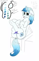 Size: 720x1109 | Tagged: suggestive, artist:codras, derpibooru import, oc, oc:cryo heart, unofficial characters only, pony, unicorn, /mlp/, belly, clothes, dock, glasses, implied anus, implied vulva, looking at you, on back, panties, plot, underhoof, underwear