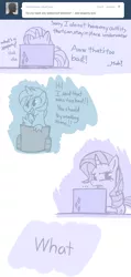 Size: 692x1455 | Tagged: artist:bambooharvester, ask, comic, computer, derpibooru import, lyra heartstrings, race swap, rarity, rarity replies, safe, sea pony, tumblr